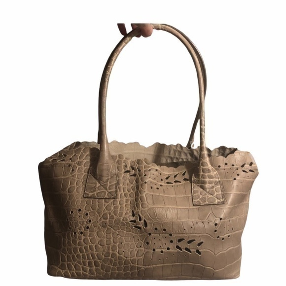 Furla embossed leather laser cutout tote bag